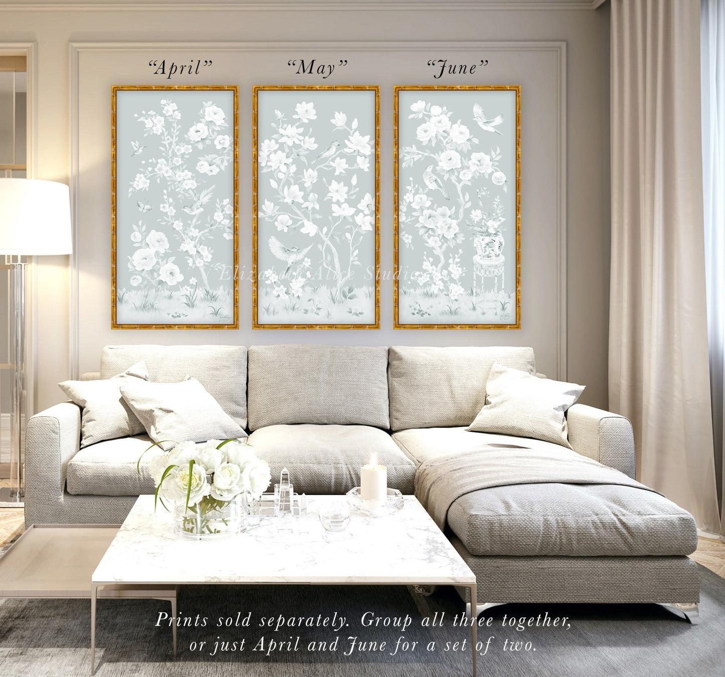 April, a tonal green chinoiserie fine art print on paper with birds and cherry blossoms