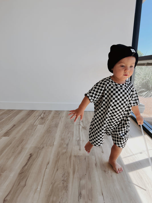 Short Sleeve Ribbed Romper | Black & Grey Checkerboard