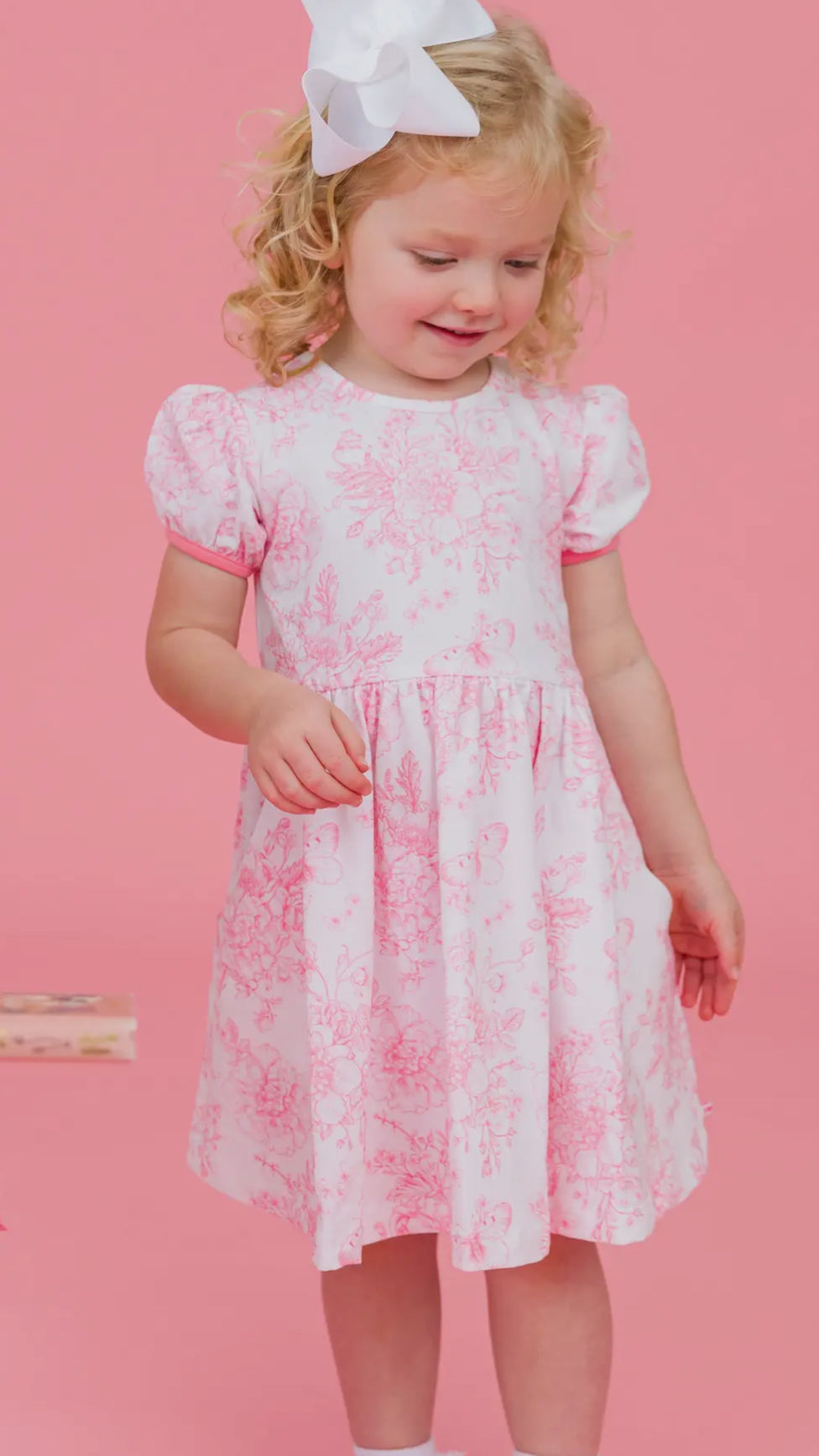 Pink Garden Toile Puff Short Sleeve Dress