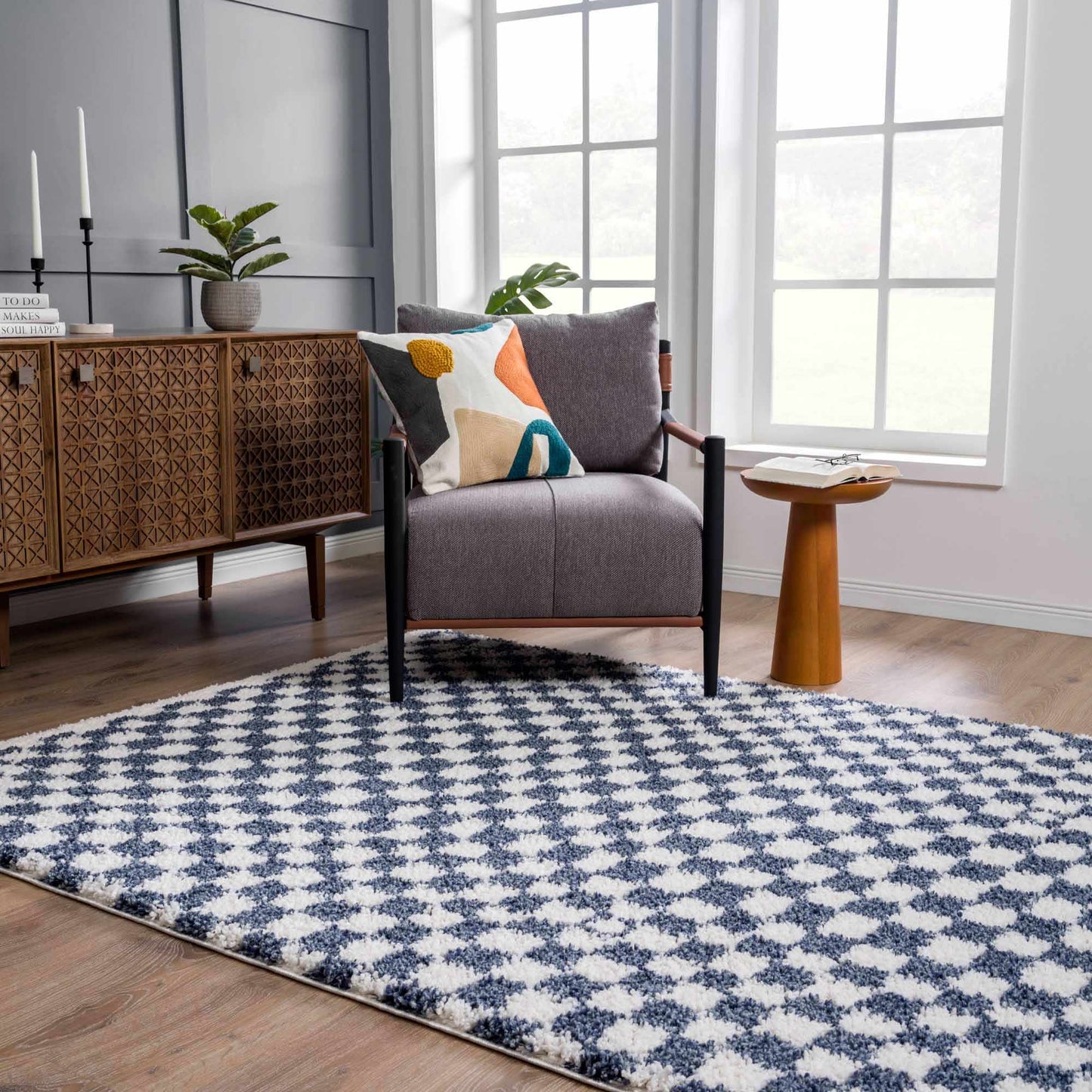 Kieu Blue & White Checkered Area Rug