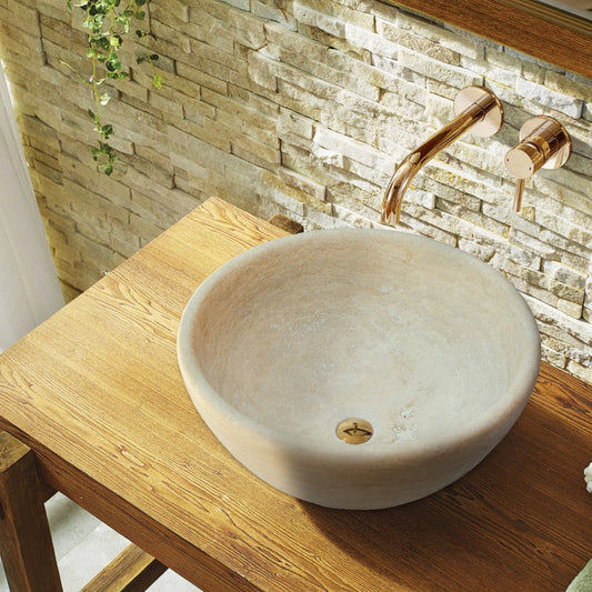 Beige Travertine Natural Stone Vessel Sink Honed and Filled  (D)16" (H)6"