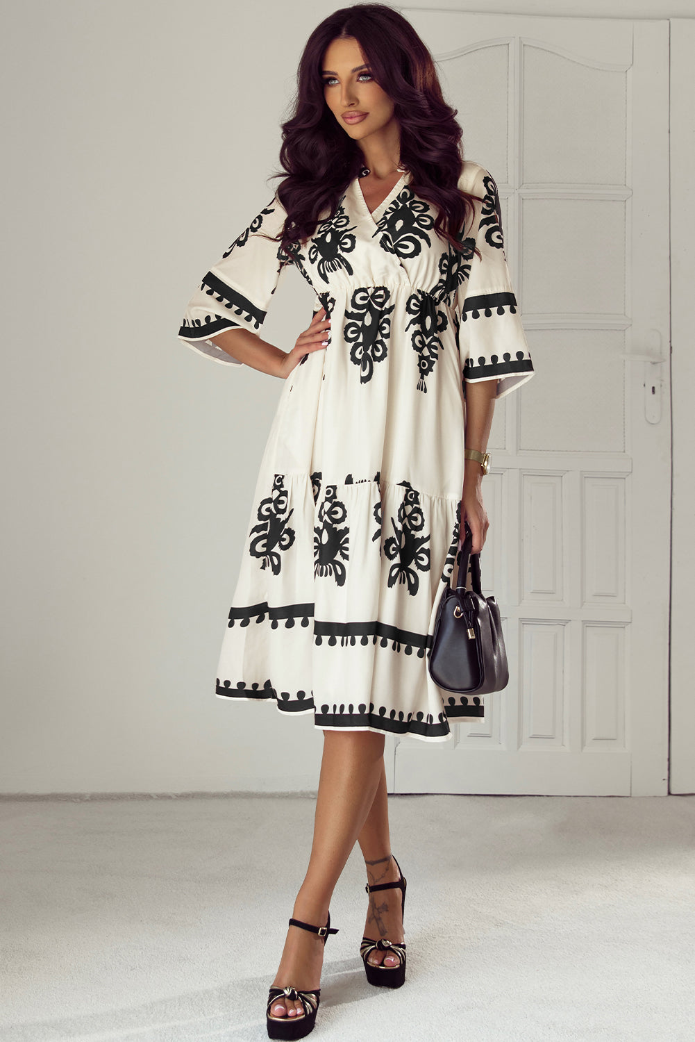 SR Beige Western Geometric Print 3/4 Sleeve Loose Midi Dress