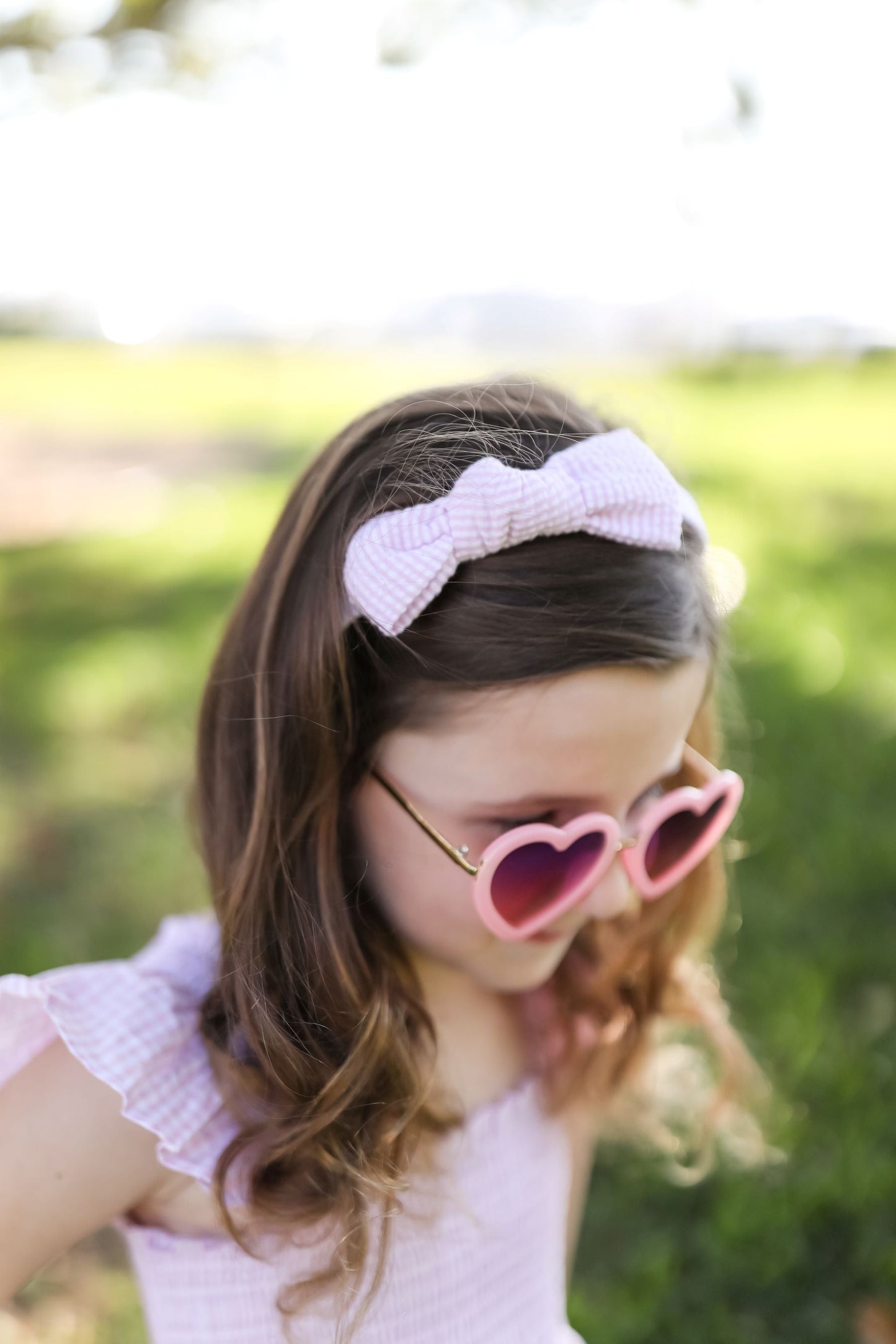 Seersucker Bow Headband in Pink/White