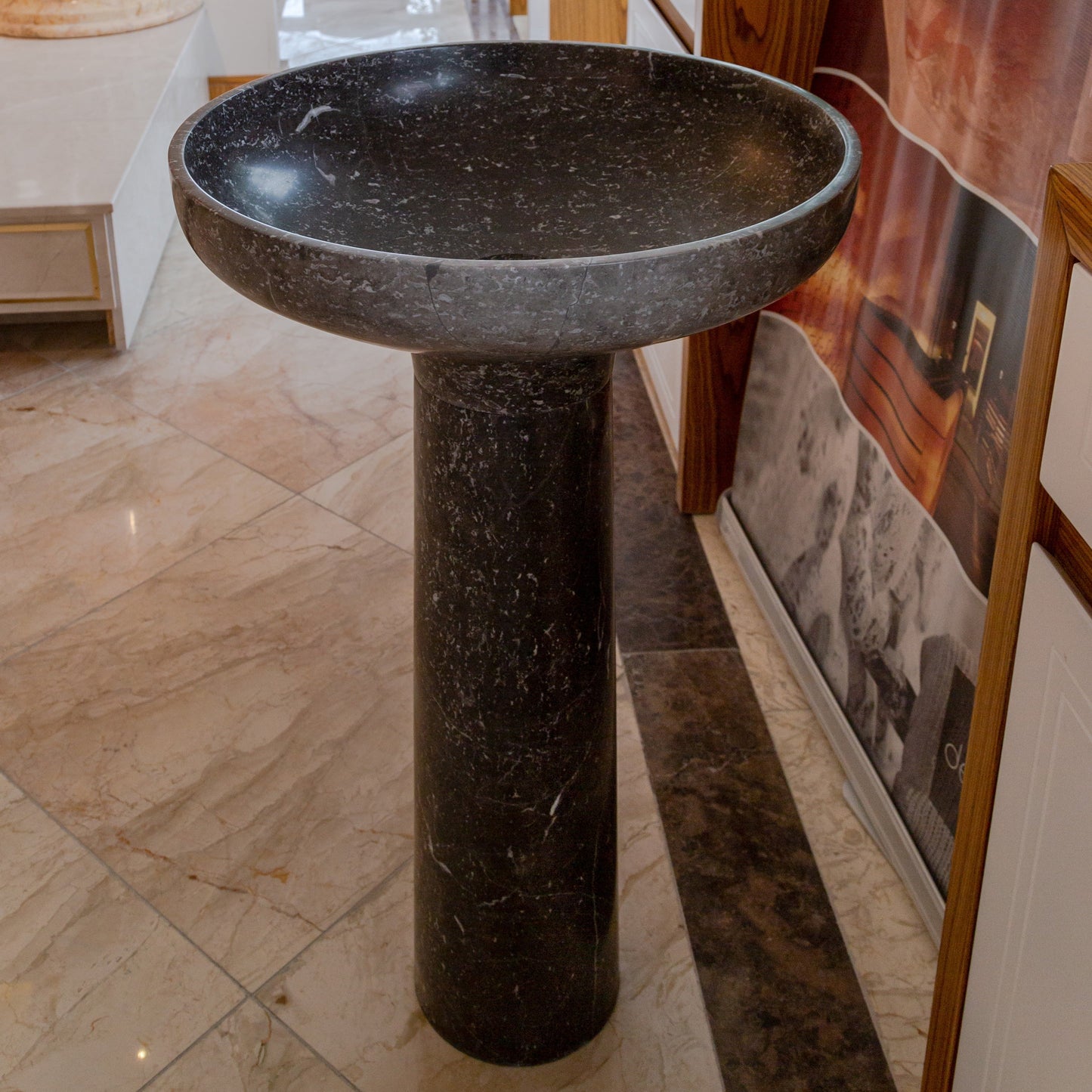 Natural Stone Black Marble Pedestal Round Sink Polished (D)20" (H)33.5"