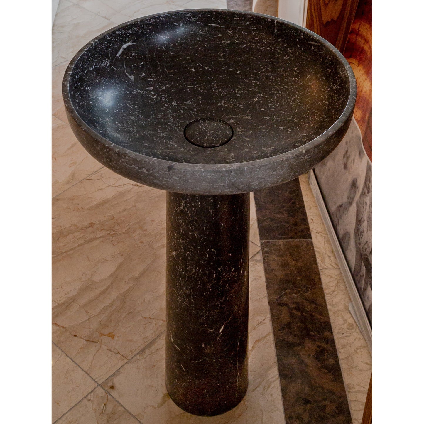 Natural Stone Black Marble Pedestal Round Sink Polished (D)20" (H)33.5"