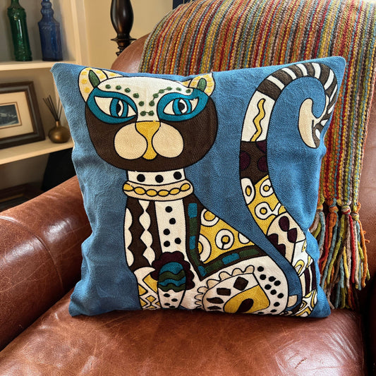 Blue Abstract Cat Embroidered Pillow Cover