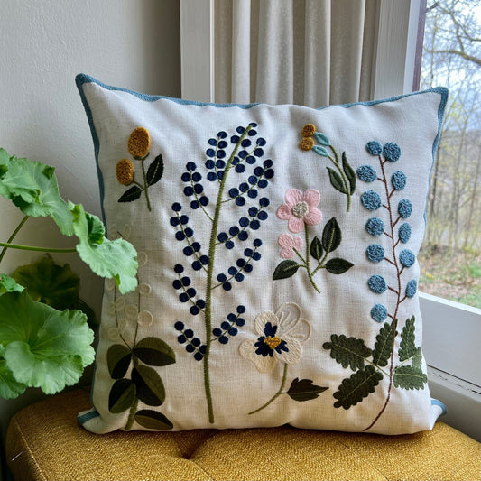 Blue Wildflower Embroidered Pillow Cover