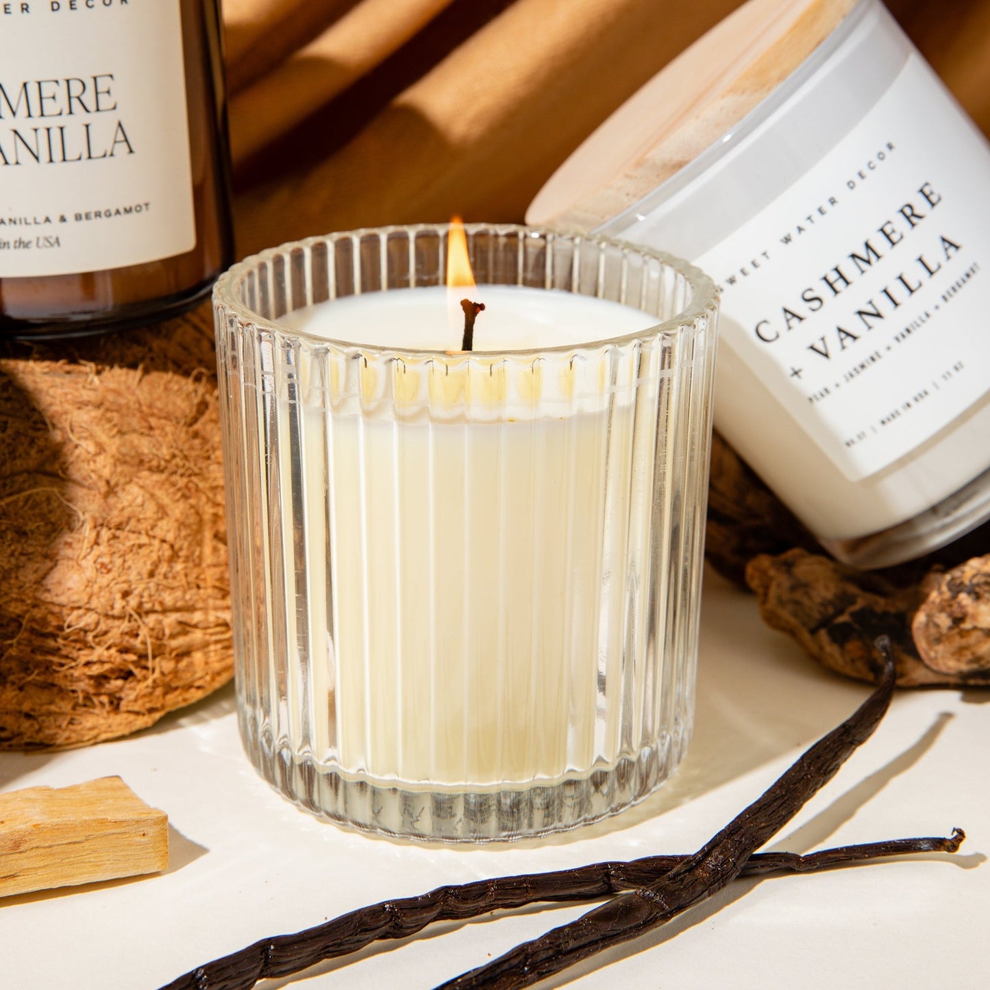 Cashmere and Vanilla Fluted Soy Candle - Ribbed Glass Jar - 11 oz