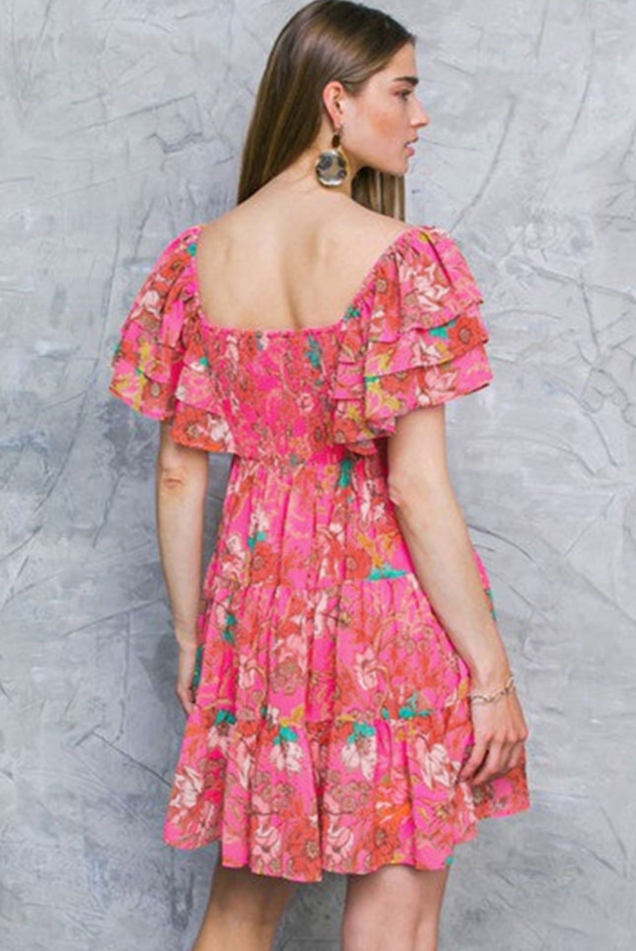 Pink Floral Square Neck Ruffle Sleeve Dress