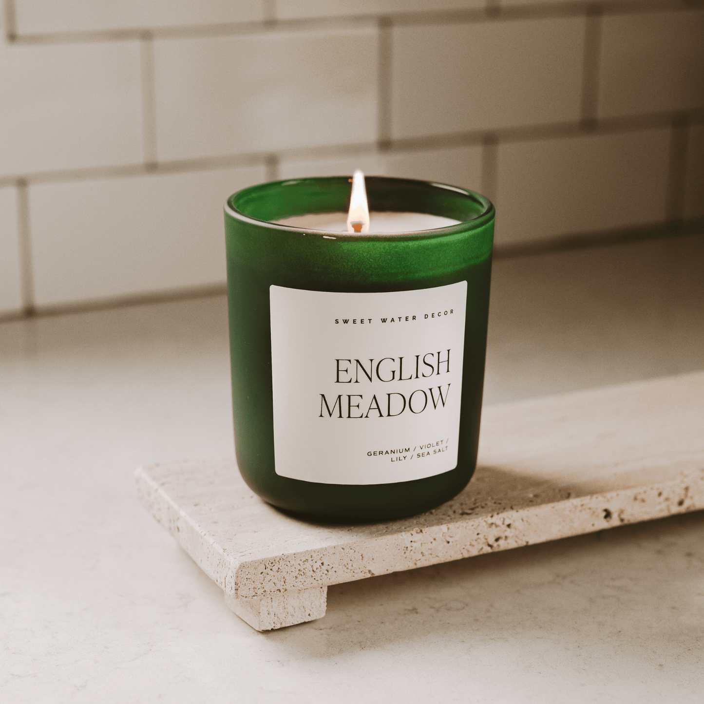 English Meadow Soy Candle - Green Matte Jar - 15 oz (Wildflowers and Salt)