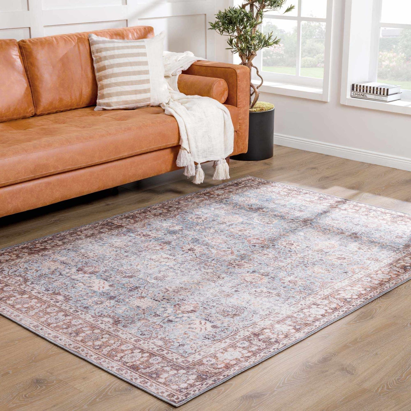 Brown Blue Dauis Vintage Washable Area Rug - Clearance