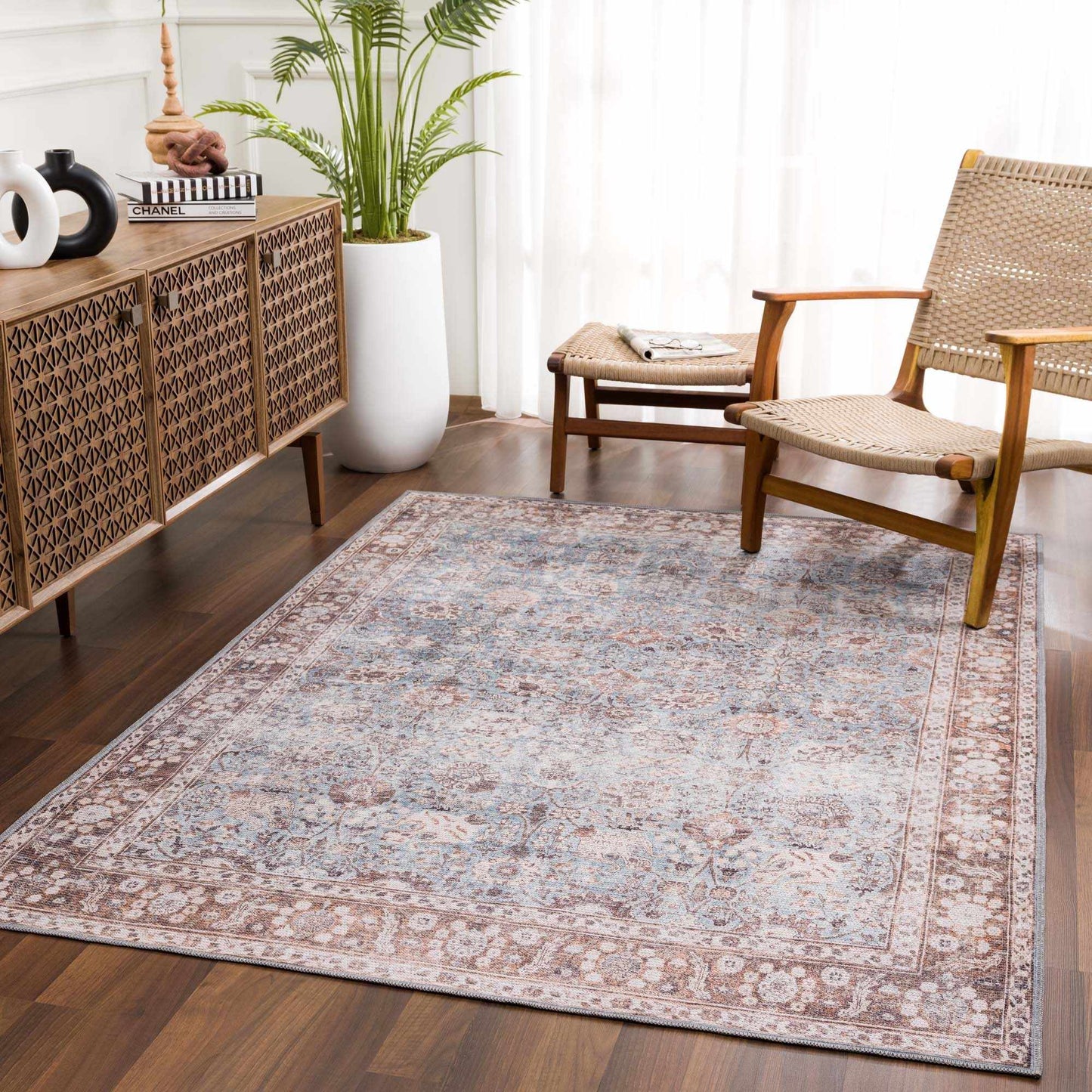 Brown Blue Dauis Vintage Washable Area Rug - Clearance