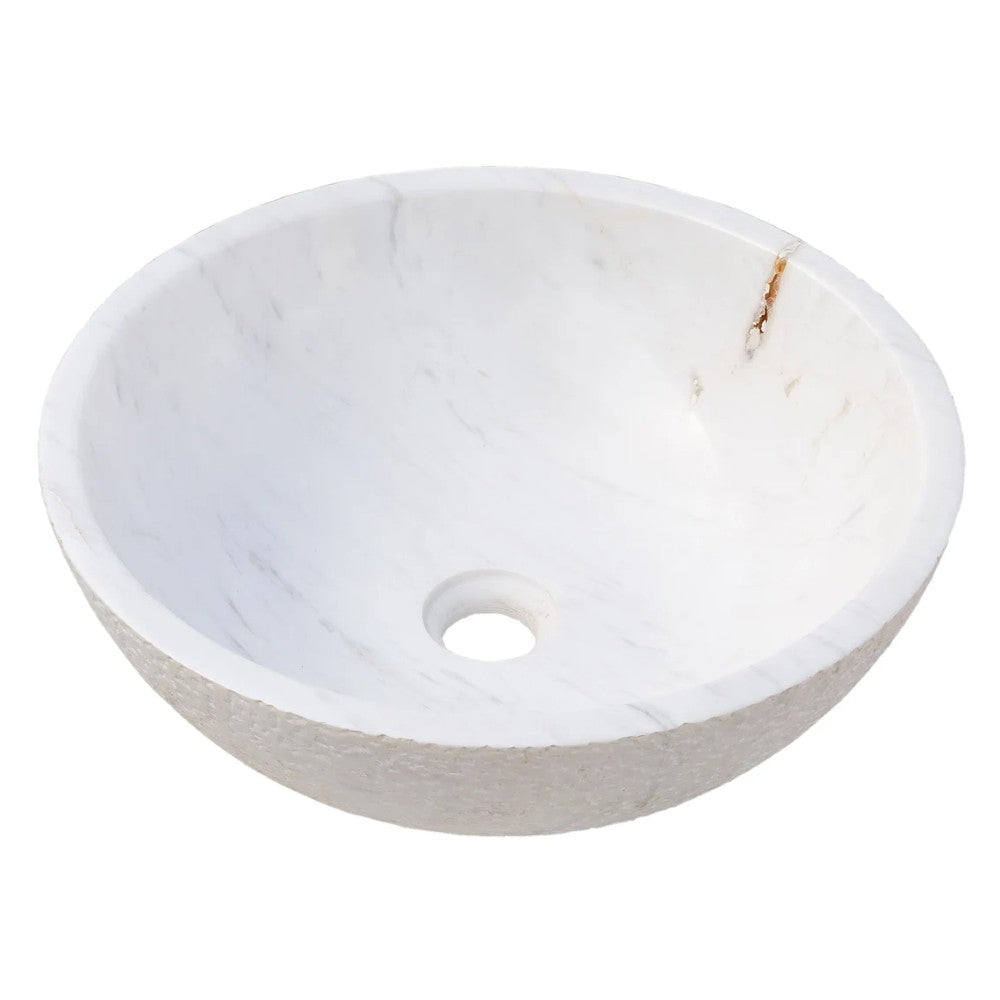 Calacatta White Marble Vessel Sink Bowl Polished Interior and Rough Exterior  (D)16" (H)5"