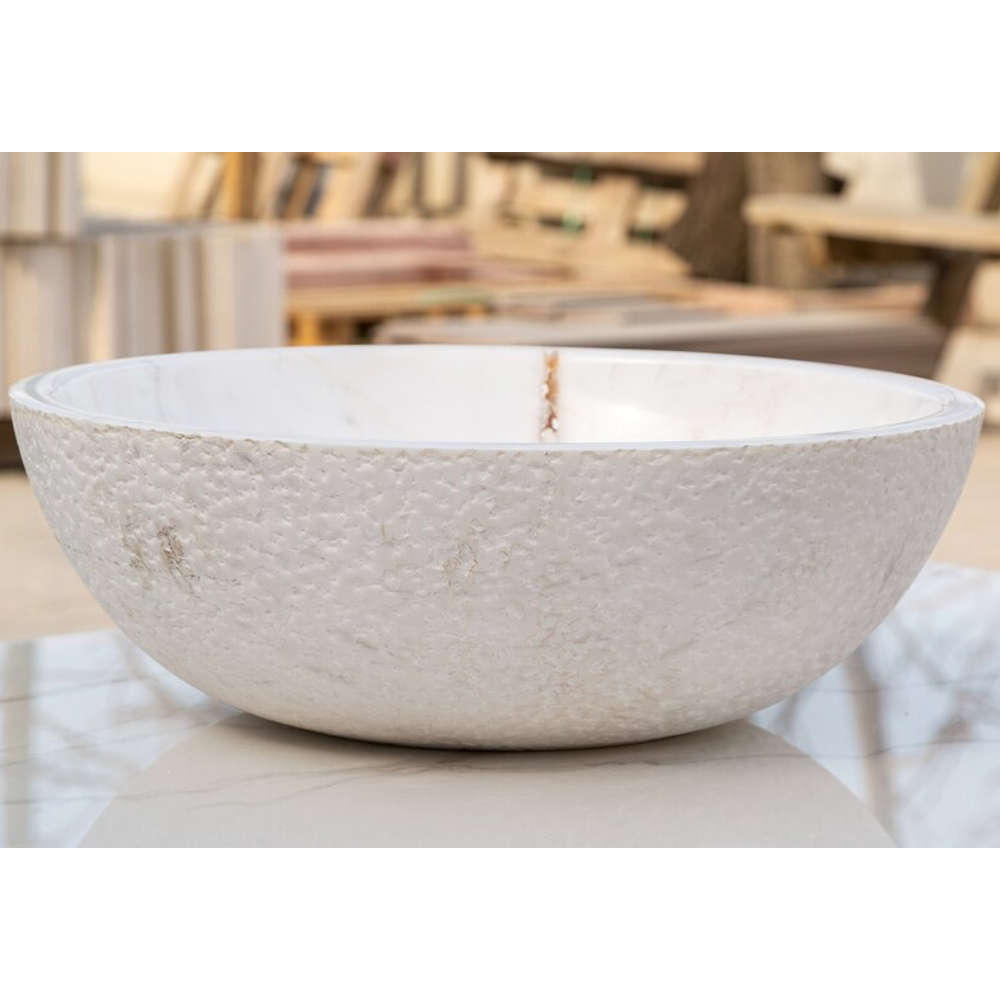 Calacatta White Marble Vessel Sink Bowl Polished Interior and Rough Exterior  (D)16" (H)5"