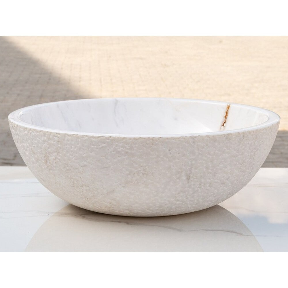 Calacatta White Marble Vessel Sink Bowl Polished Interior and Rough Exterior  (D)16" (H)5"