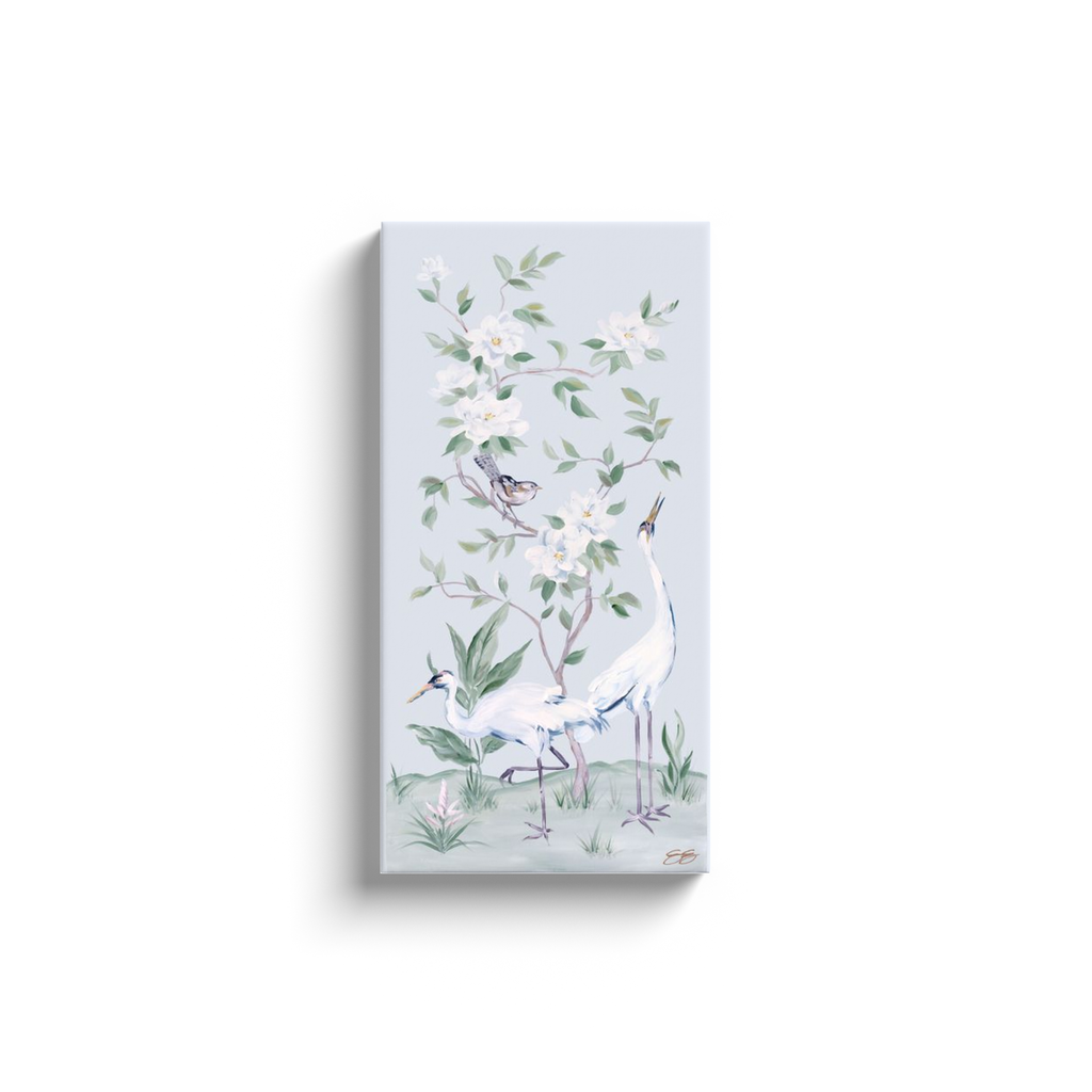 Cranes and Gardenias, a light blue chinoiserie canvas wrap