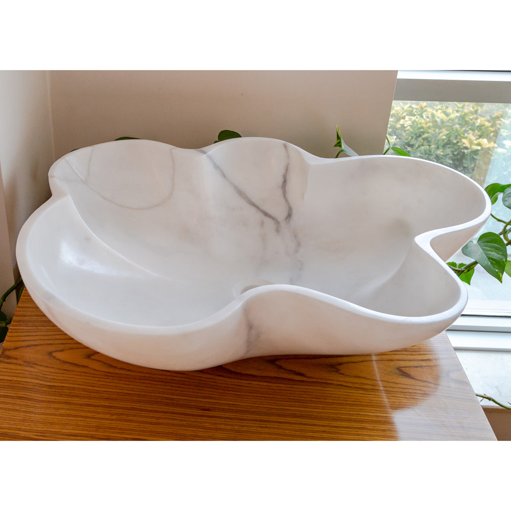 Natural Stone Carrara White Marble Above Counter Artistic Vessel Sink Polished (W)24.5" (L)18" (H)6"