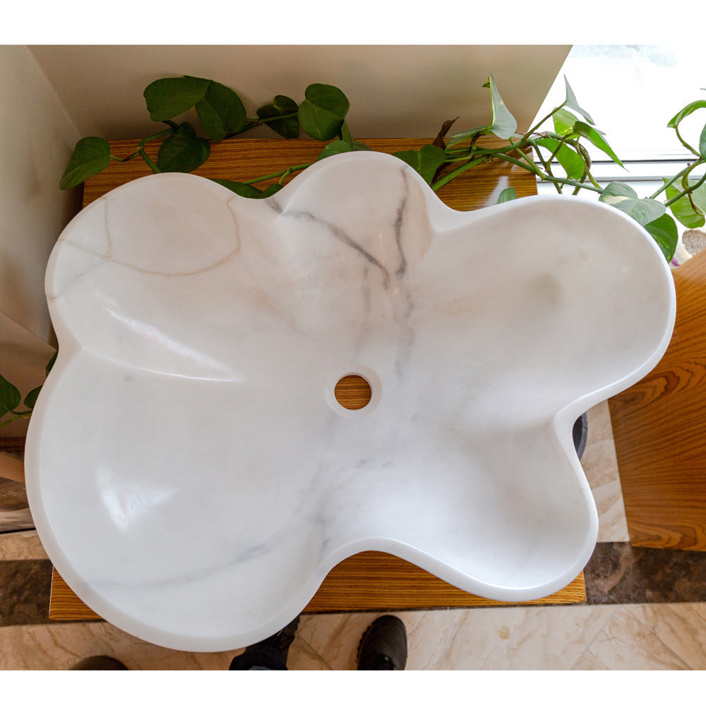 Natural Stone Carrara White Marble Above Counter Artistic Vessel Sink Polished (W)24.5" (L)18" (H)6"