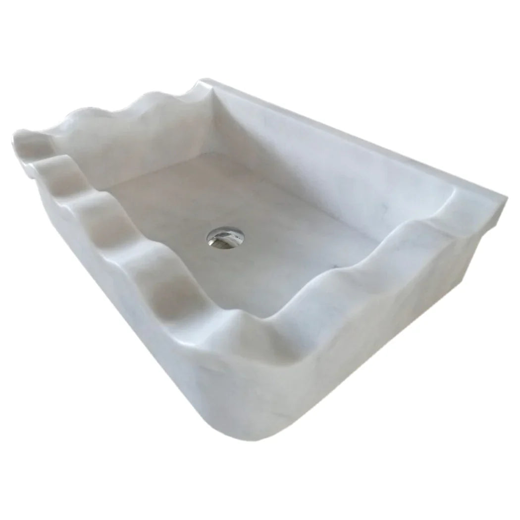 Carrara White Marble Rectangular Wall-mount Wavy Edges Bathroom Sink (W)16" (L)24" (H)6"