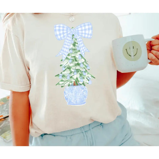 Cream Comfort Color Tee with Grandmillennial Tree Light Blue Checked Bow