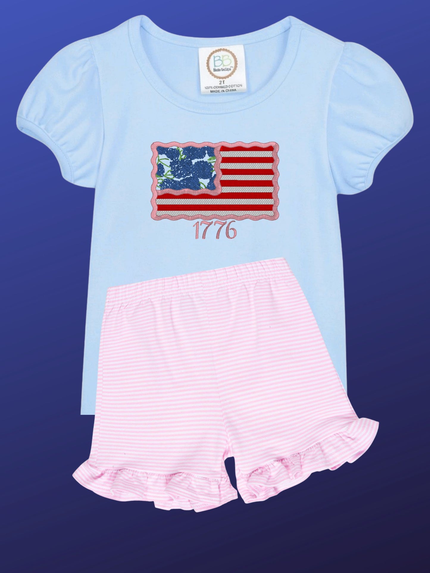 Embroidered Red, White & Blue Hydrangea Top (Shorts available)