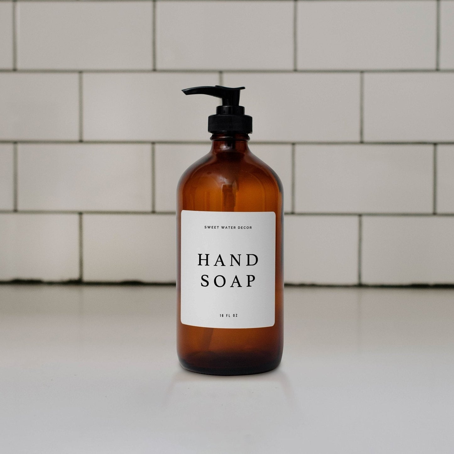 16oz Amber Glass Hand Soap Dispenser - White Text Label