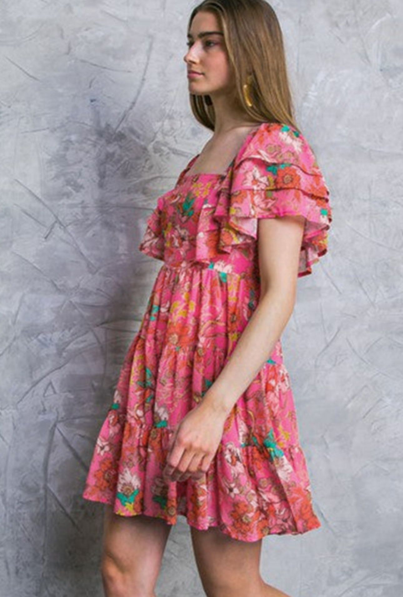 Pink Floral Square Neck Ruffle Sleeve Dress