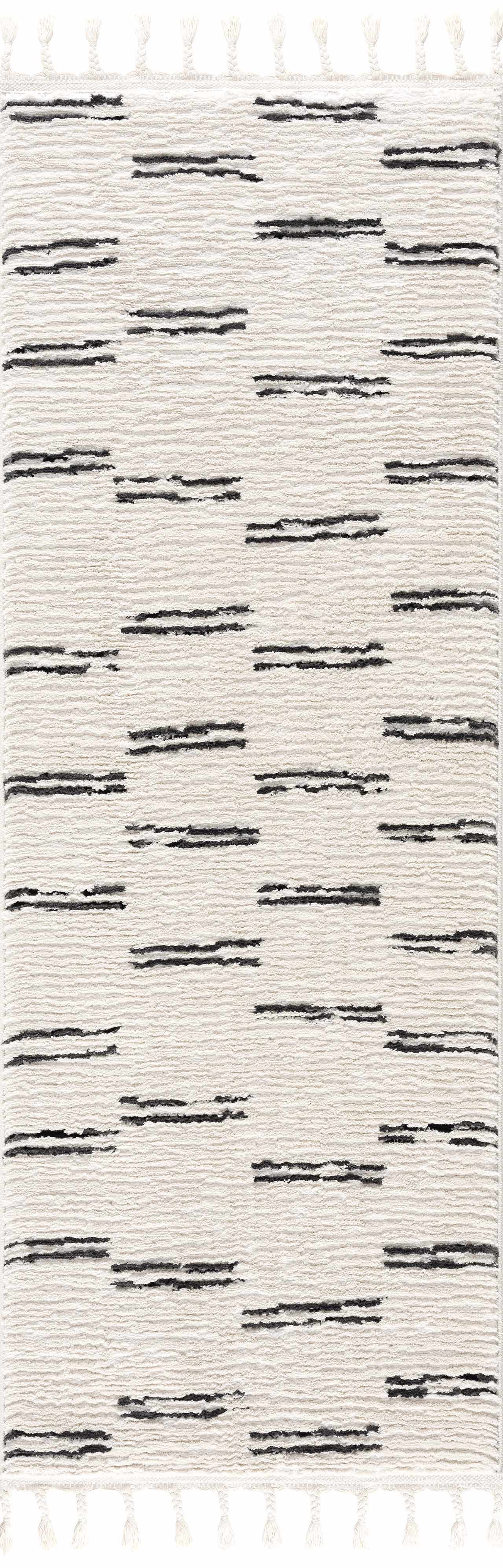 Riad Black Striped White Area Rug with tassels