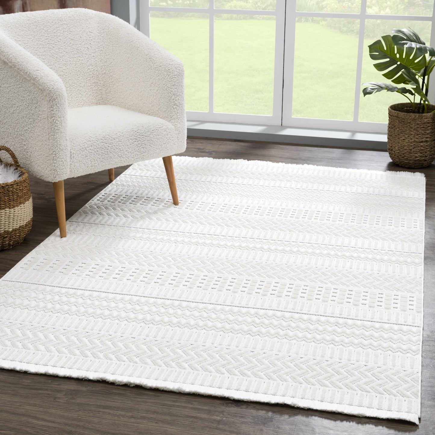 Cira Textured Fringed White Rug - Limited Edition