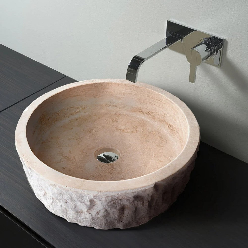 Denizli Beige Travertine Rustic Stone Vessel Sink Honed Interior Hand Chiseled Exterior  (D)16" (H)6"