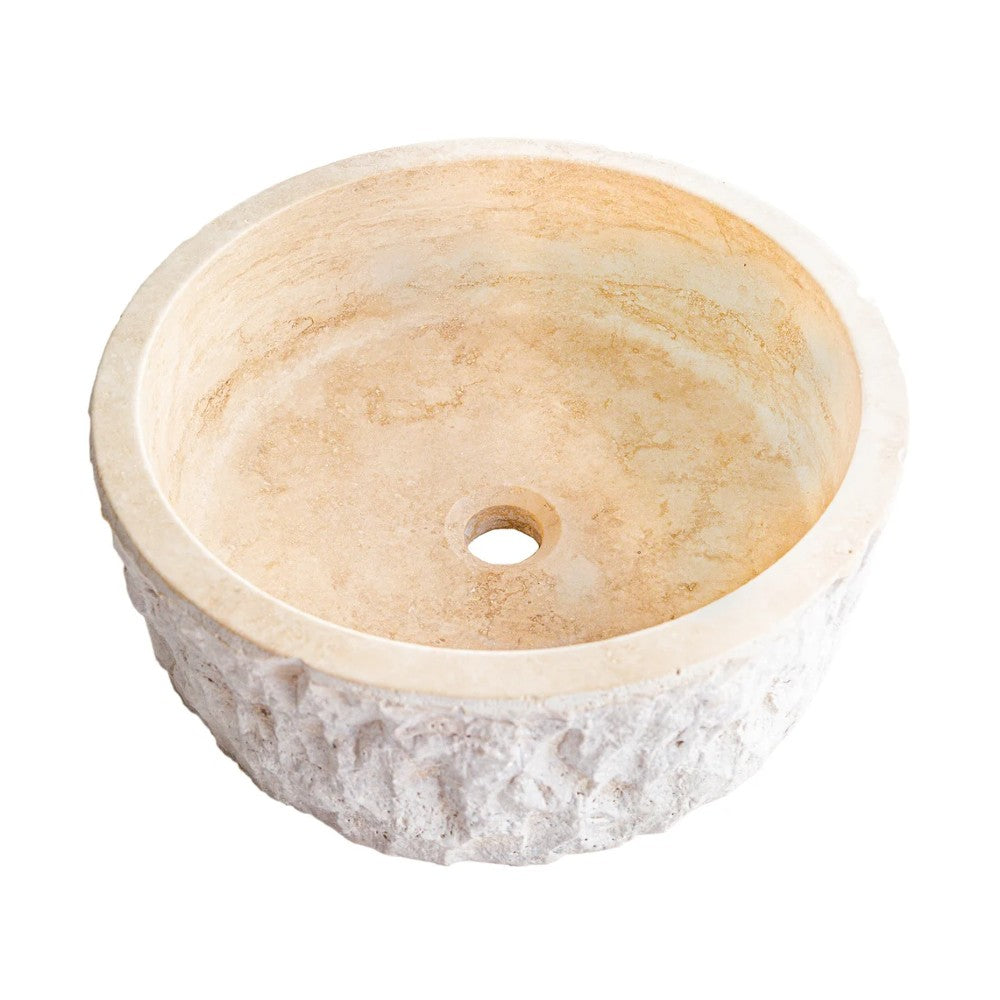 Denizli Beige Travertine Rustic Stone Vessel Sink Honed Interior Hand Chiseled Exterior  (D)16" (H)6"