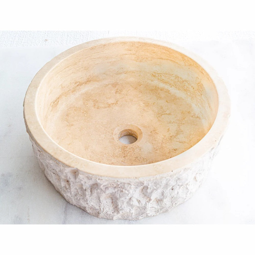 Denizli Beige Travertine Rustic Stone Vessel Sink Honed Interior Hand Chiseled Exterior  (D)16" (H)6"