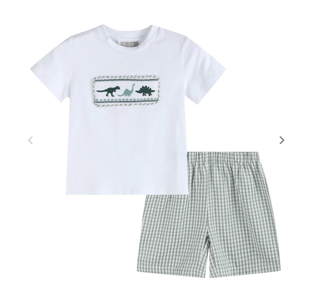 White Dinosaur Smocked Tee and Green Gingham Shorts Set