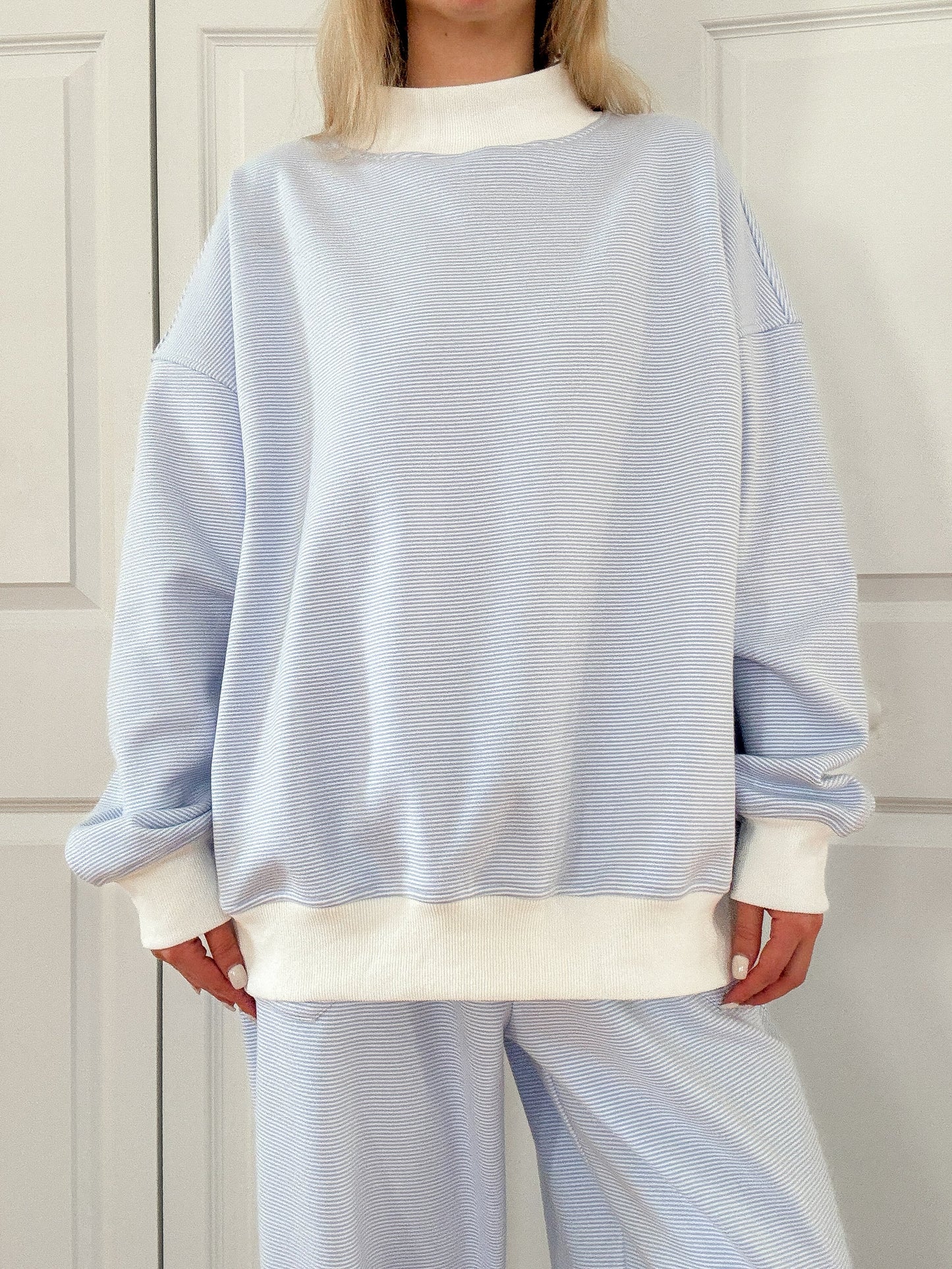 Blue and White Mini Striped Mockneck Sweatshirt