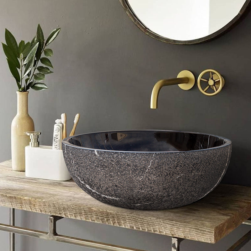 Toros Black Marble Vessel Sink Above-Counter Polished Interior Rough Exterior (D)16" (H)6"