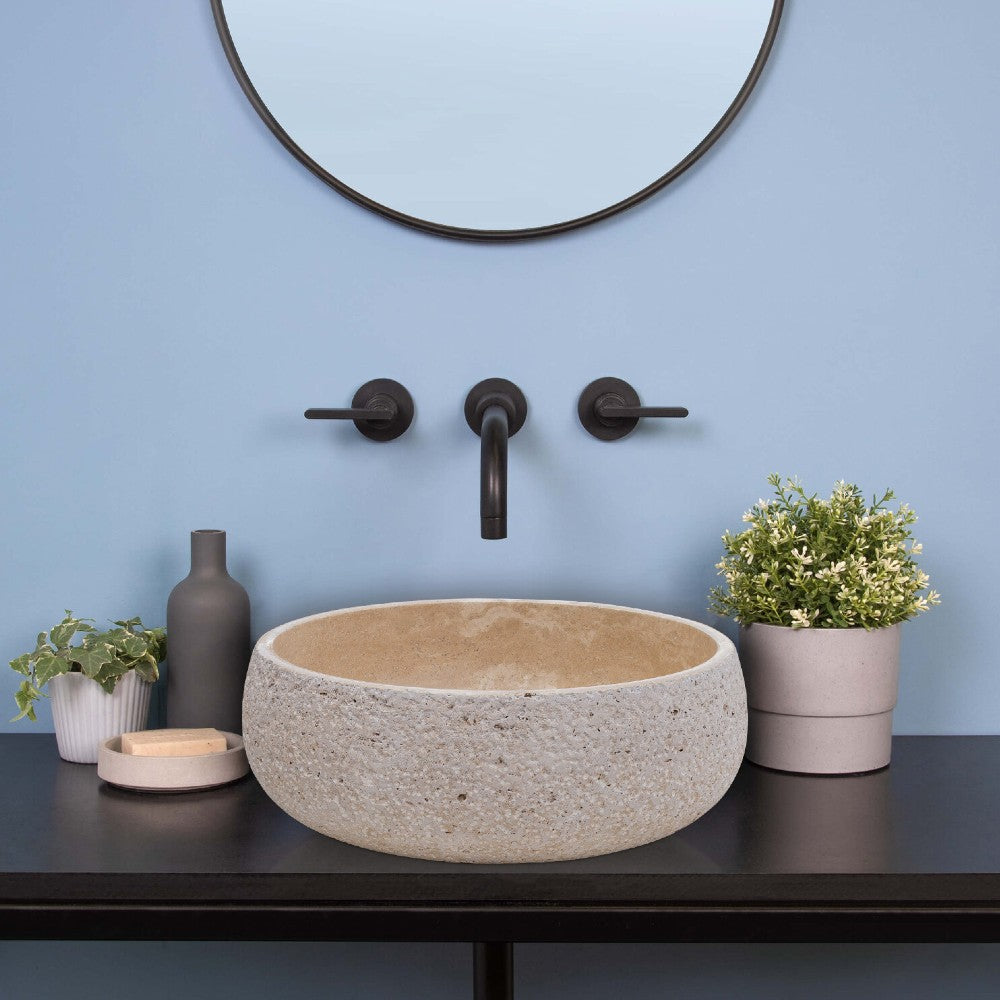 Light Beige Travertine Vessel Bathroom Sink Honed Inside and Sandblasted Outside  (D)16" (H)6"