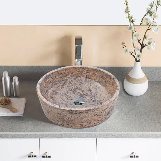 Silver Latte Travertine Natural Stone Vessel Sink Filled and Polished (D)16" (H)5"