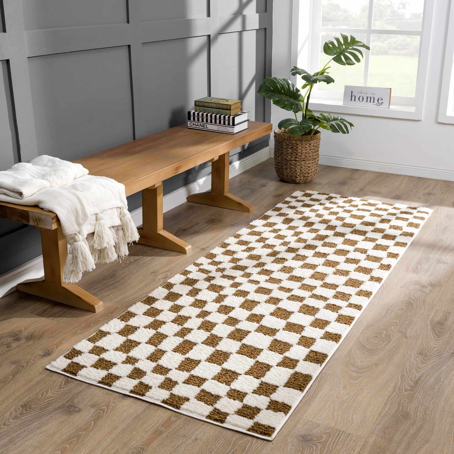 Lajos Brown Checkered Area Rug