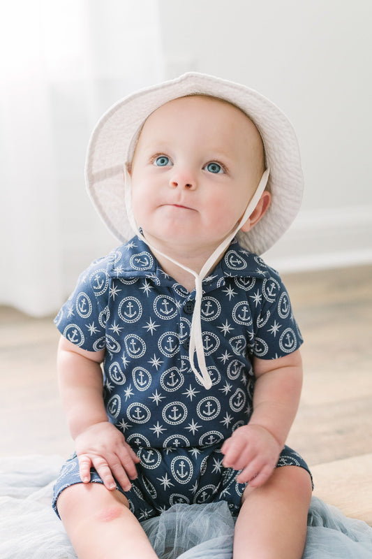 Collared Romper - Nautical Dreams on Indigo