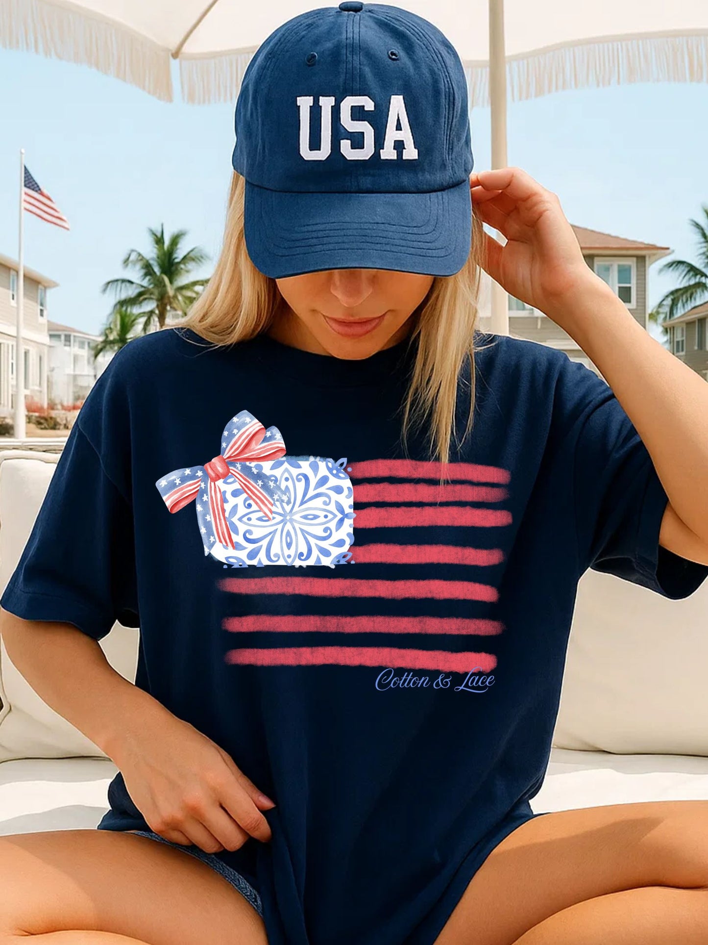 Cotton & Lace Comfort Colors Front Graphic Only Chinoiserie American Flag