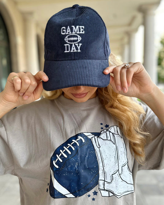 Navy Embroidered Corduroy “GAME DAY” Football Cap