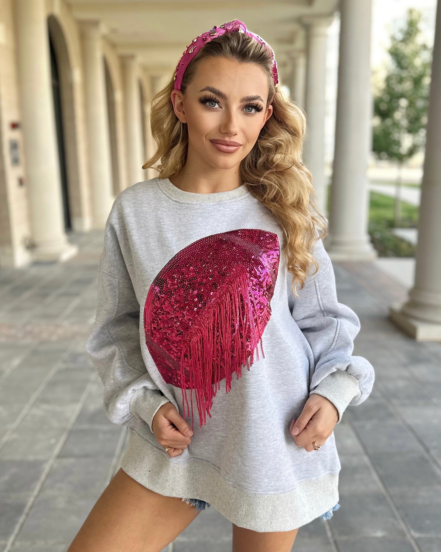 Gray/Hot Pink Sequin Fringe Football Pullover