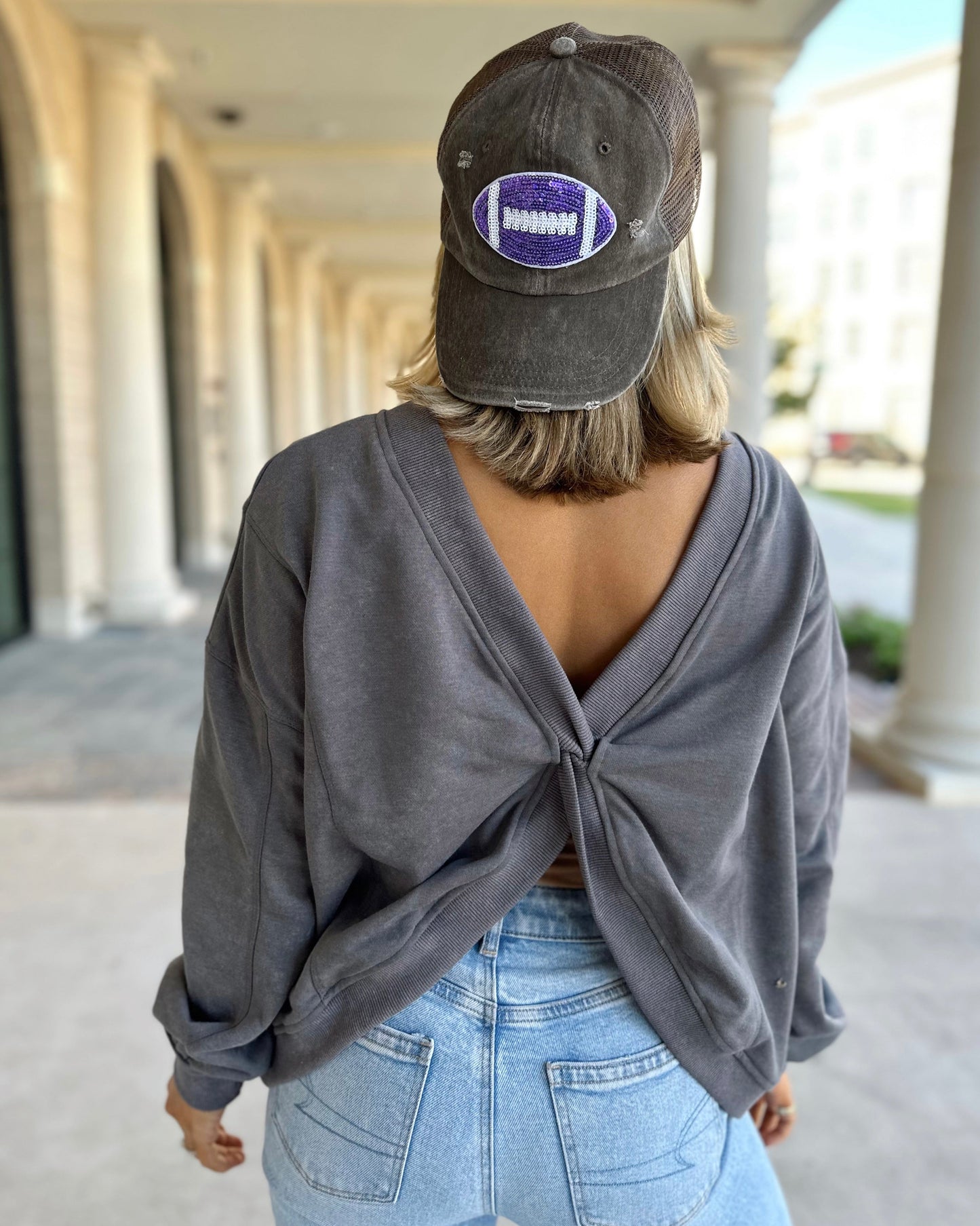 Purple Sequin Football-Patch Cap