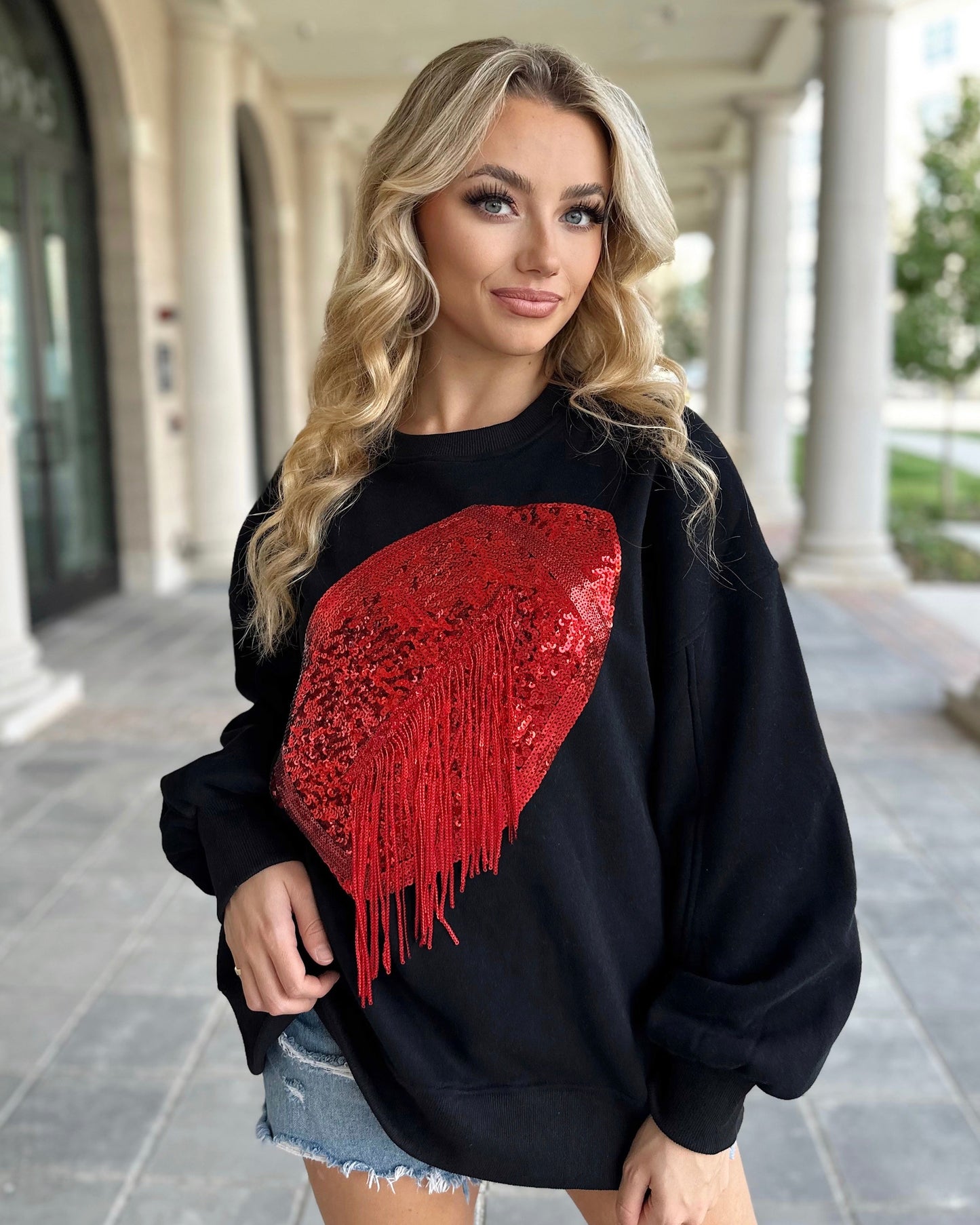 Black/Red Sequin Fringe Football Pullover