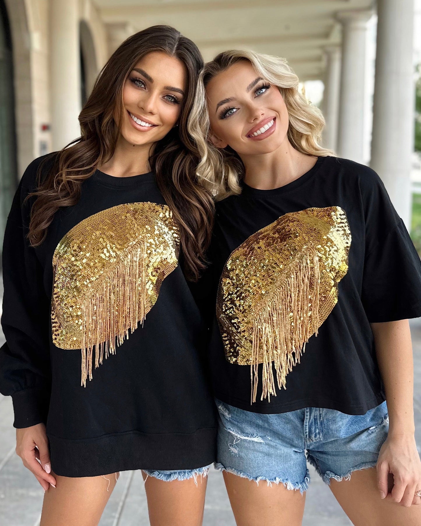 Black/Gold Cropped Sequin Fringe Football Tee