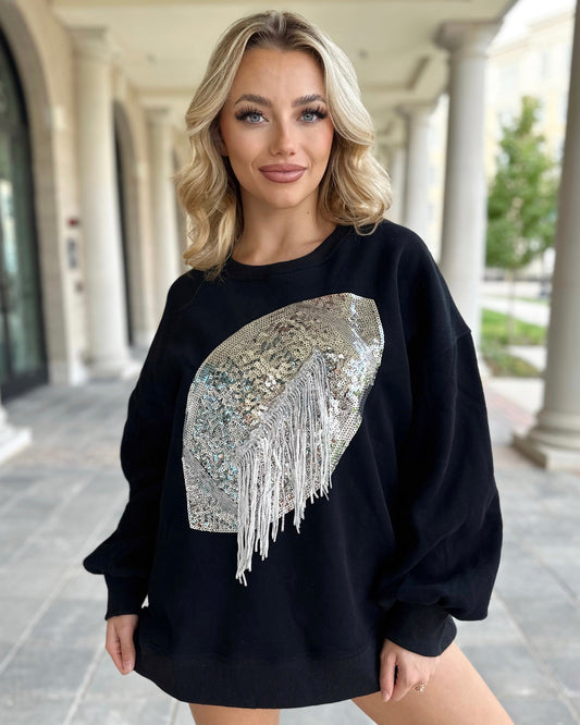 Black/Silver Sequin Fringe Football Pullover