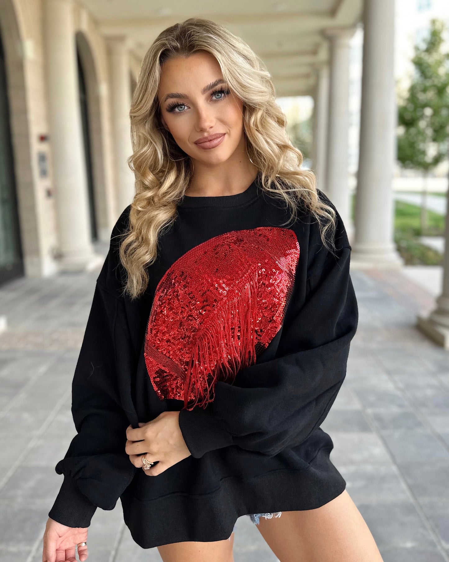 Black/Red Sequin Fringe Football Pullover