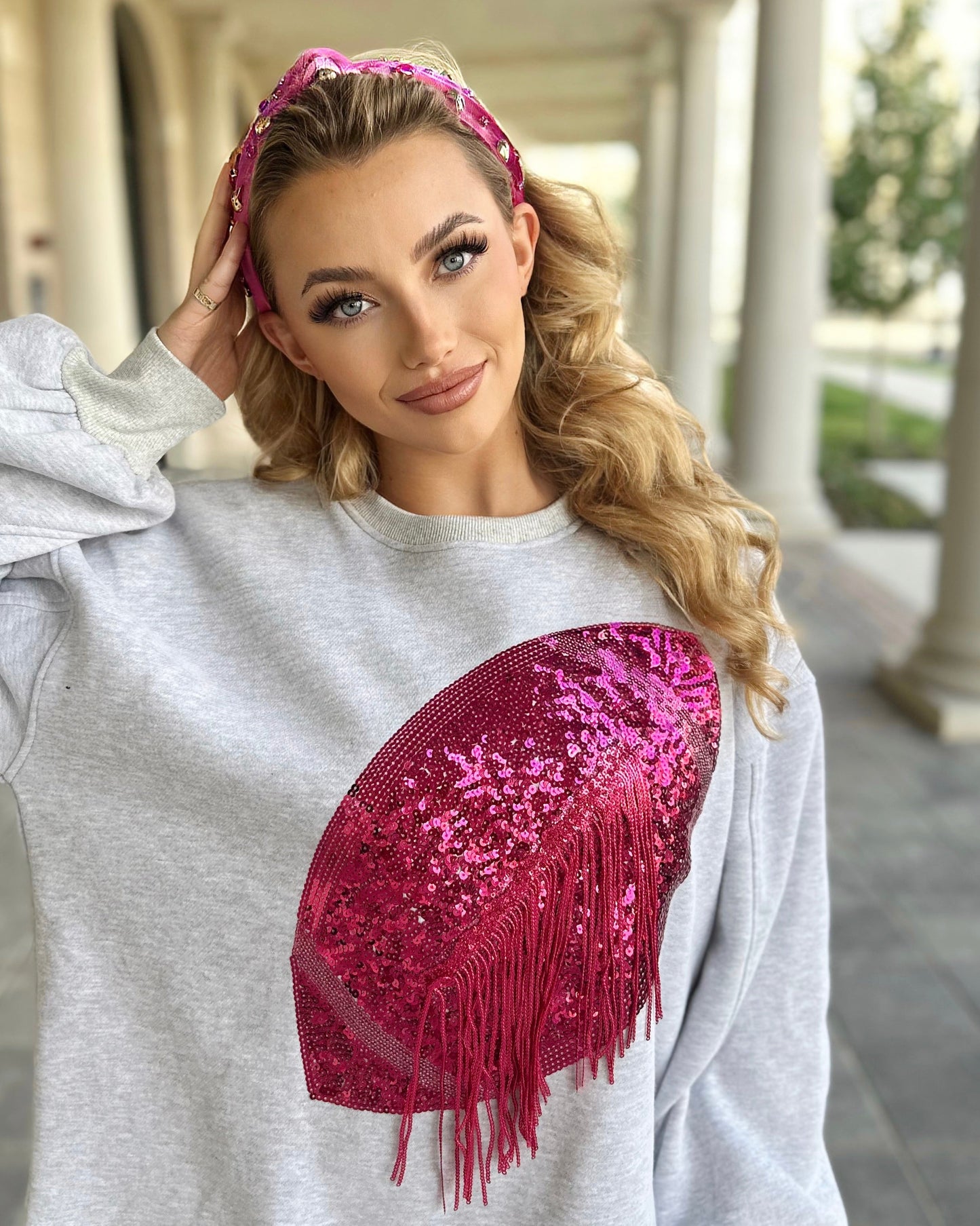 Gray/Hot Pink Sequin Fringe Football Pullover