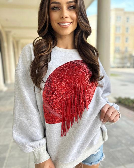 Gray/Red Sequin Fringe Football Pullover