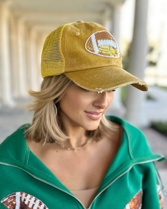 Golden Yellow Sequin Football-Patch Cap